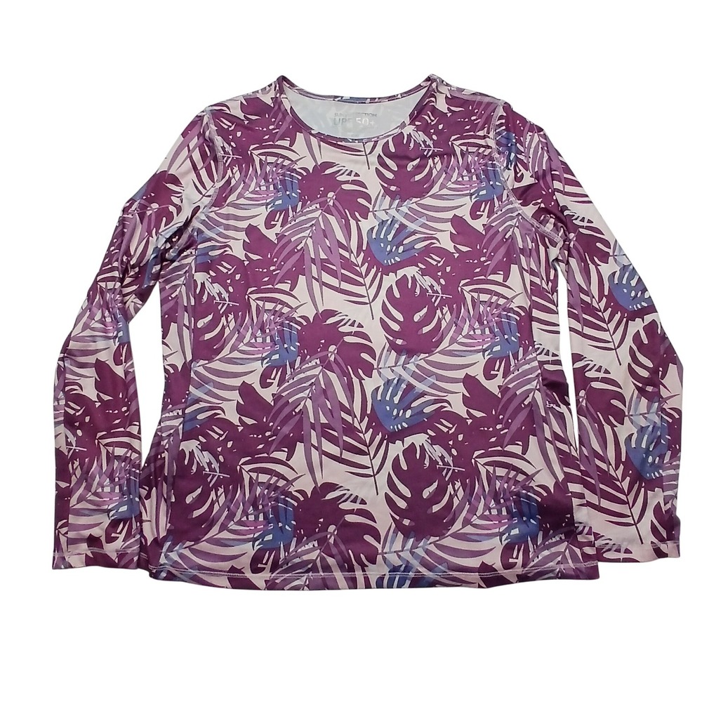 32 Degrees Cool UPF 50+‎ Purple Tropical Leaf Long Sleeve Sun Protection Shirt L